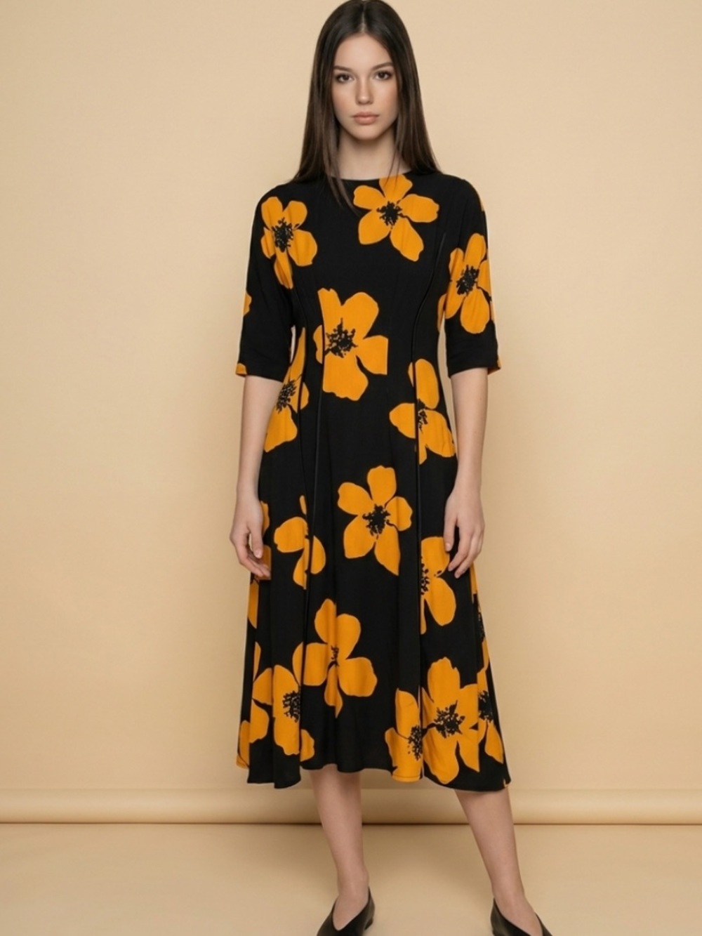 Black Orange Size S Floral Elbow Sleeve Midi Dress